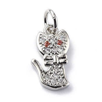 Brass Micro Pave Cubic Zirconia Charms, with Jump Ring, Cat with Bow Charms, Platinum, 13.5x8x2mm, Hole: 3.2mm