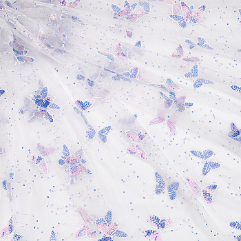 1Pc Butterfly Pattern Polyester Mesh Tulle Fabric, Garment Accessories, with Paillette, White, 130~150x0.02cm