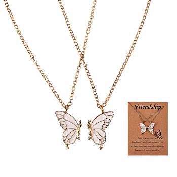 2Pcs Matching Butterfly Pendant Necklaces Set, 316 Surgical Stainless Steel Couple Necklace for Mother Daughter Friends, Light Gold, White, 17.72 inch(45cm)