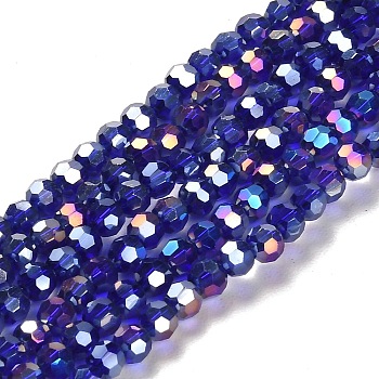 Faceted(32 Facets) Electroplate Glass Beads Strands, AB Color Plated, Round, Dark Blue, 4mm, Hole: 0.5mm, about 100pcs/strand, 14.2 inch