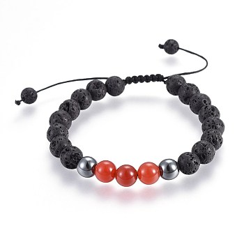 Natural Lava Rock and Non-Magnetic Synthetic Hematite Beads Braided Bead Bracelets, with Natural Carnelian(Dyed), 2-1/8 inch~3 inch(5.3~7.8cm)