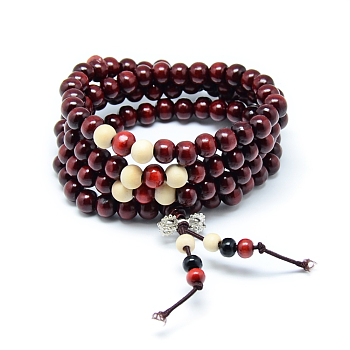 Dual-use Items, Wrap Style Buddhist Jewelry Dyed Wood Round Beaded Bracelets or Necklaces, Dark Red, 720mm