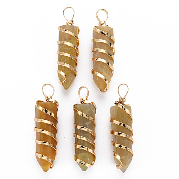 Natural Agate Pendants, with Golden Brass Findings, Dyed, Bullet, Pale Goldenrod, 42~46x11~12mm, Hole: 6~7x4~6mm