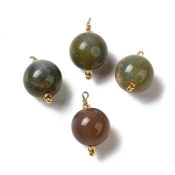 Natural Indian Agate Pendants, Round Charms with Real 18K Gold Plated Brass Loops, 20~20.5x11.5~12.5mm, Hole: 1.4~1.5mm