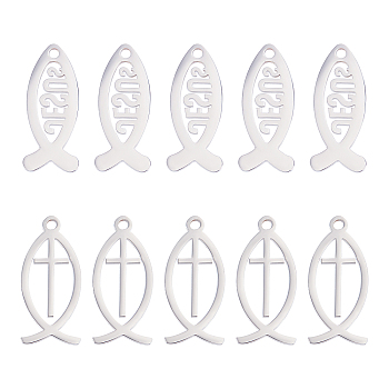 20pcs 2 Style 201 Stainless Steel Pendants, For Easter, Jesus Fish, Stainless Steel Color, 23~36x10~12x1~1.8mm, Hole: 2mm, 10pcs/style