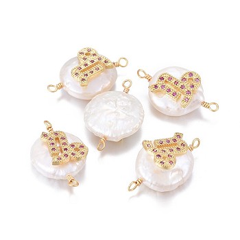 Natural Pearl Links connectors, with Brass Micro Pave Cubic Zirconia Findings, Flat Round with Constellation, Golden, Fuchsia, Capricorn, 20~26x9~17x5~11mm, Hole: 1.6mm