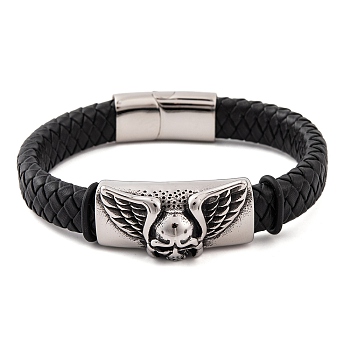 Men's Braided Black PU Leather Cord Bracelets, Skull 304 Stainless Steel Link Bracelets with Magnetic Clasps, Antique Silver, 8-5/8 inch(22cm), 18mm