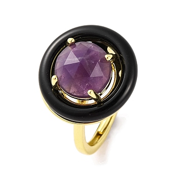 Rack Plating Round Brass Enamel Adjustable Rings, Natural Amethyst Finger Rings for Women, Golden, 18x18mm, Inner Diameter: 17mm