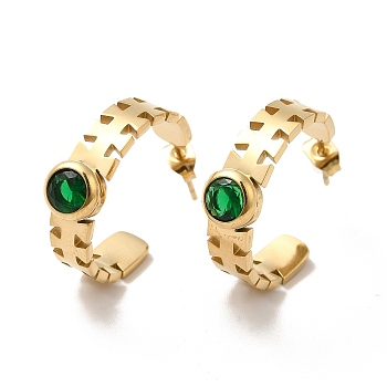 Emerald Rhinestone Geometry Stud Earrings, Ion Plating(IP)304 Stainless Steel Half Hoop Earrings for Women, Golden, 22x7x22mm, Pin: 0.8mm