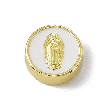Real 18K Gold Plated Brass Enamel Beads, Long-Lasting Plated, Religion, Cadmium Free & Lead Free, Flat Round with Virgin Mary, White, 11x4.5mm, Hole: 1.8mm