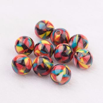 Spray Painted Resin Beads, with Geometrical Pattern, Round, Colorful, 10mm, Hole: 2mm