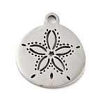 Non-Tarnish 201 Stainless Steel Pendants, Flat Round with Flower, Stainless Steel Color, 13.5x12x1mm, Hole: 1.4mm(X-STAS-E015-04P)