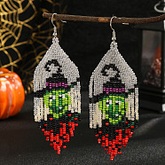 Halloween Style Ghost Face Glass Bead Tassel Earrings for Women, Platinum, 100x32mm(WU1188)