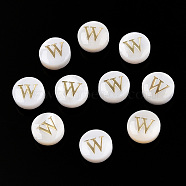 Natural Freshwater Shell Beads, with Golden Plated Brass Etched Metal Embellishments, Flat Round with Letter, Letter W, 7.5~8x4~5mm, Hole: 0.8mm(SHEL-N036-01W)