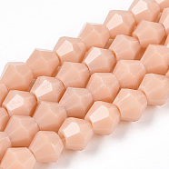 Opaque Solid Color Imitation Jade Glass Beads Strands, Faceted, Bicone, PeachPuff, 6x6mm, Hole: 1mm, about 45~47pcs/strand, 9.65~9.84 inch(24.5~25cm)(EGLA-A039-P6mm-D06)