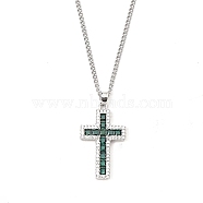 Brass Micro Pave Black Zirconia Cross Pendant Necklaces, 201 Stainless Steel Chains Necklaces, Stainless Steel Color, 23.46 inch(59.6cm), Cross: 27x17mm.(NJEW-M211-05D-P)