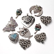 Antique Silver Plated Alloy Rhinestone Pendants, Mixed Shapes, Mixed Color, 34.5~58x23~67x3~16mm, Hole: 3~4mm(RB-X0006)