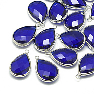 Brass Glass Pendants, Faceted, teardrop, Platinum, Blue, 21.5x13.5x6mm, Hole: 2mm(RGLA-T093-10P-07)