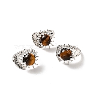 Natural Tiger Eye Sun & Moon Open Cuff Rings, Platinum Brass Jewelry for Women, Lead Free & Cadmium Free, Inner Diameter: 17~18mm(RJEW-K241-01P-07)