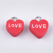 Handmade Polymer Clay Charms, with Iron Findings, Heart with Love, Platinum, For Valentine's Day, Red, 12~13x10~10.5x4~4.5mm, Hole: 1.8mm(CLAY-S091-92)