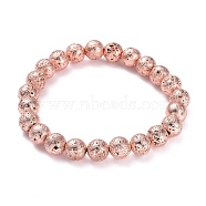 Electroplated Natural Lava Rock Beads Stretch Bracelets, Long-Lasting Plated, Round, Rose Gold Plated, 2-1/4 inch(5.6cm), Bead: 8.5~9mm(BJEW-G623-01RG-8mm)