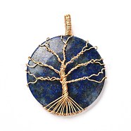 Natural Lapis Lazuli Pendants, with Real 18K Gold Plated Eco-Friendly Copper Wire, Half Round, 47x39x9mm, Hole: 6.5x4.5mm(PALLOY-JF00924-01)