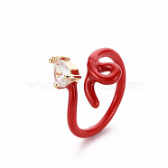 Brass Micro Pave Clear Cubic Zirconia Cuff Rings, Open Rings, with Enamel, Snake, Cadmium Free & Nickel Free & Lead Free, Real 16K Gold Plated, Red, US Size 6, Inner Diameter: 17mm(RJEW-S045-116F-NR)