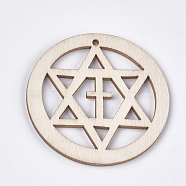 Undyed Wood Big Pendants, for Jewish, Flat Round with Star of David, Creamy White, 50x2~2.5mm, Hole: 2mm(WOOD-T016-03C)