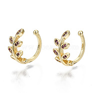 Brass Micro Pave Cubic Zirconia Cuff Earrings, Cadmium Free & Nickel Free & Lead Free, Leaf, Real 16K Gold Plated, Medium Violet Red, 1~8mm, Inner Diameter: 11mm(EJEW-S201-235E-G-NR)