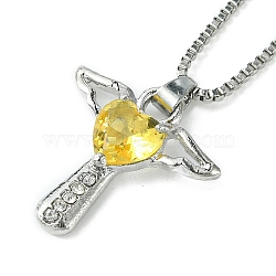 Cubic Zirconia Fairy with Heart Pendant Necklace with Box Chains, Platinum Zinc Alloy Jewelry for Women, Yellow, 18.98 inch(48.2cm)(NJEW-C004-01B)