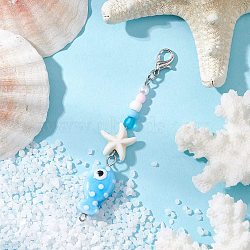 Handmade Porcelain Pendant Decorations, with Synthetic Turquoise Starfish and Acrylic & ABS Plastic Beads, Fish, 70mm(HJEW-JM03211-02)