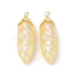 Rainbow Iridescent Plating Resin Pendants, Glitter Leaf Charms with Golden Plated Alloy Findings, Light Khaki, 35x11x8mm, Hole: 1.6mm(RESI-C047-03C-G)