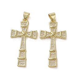 Brass Micro Pave Clear Cubic Zirconia Pendants, Cross, Real 16K Gold Plated, 33.5x17x3mm, Hole: 4x3.5mm(KK-H466-09G-04)