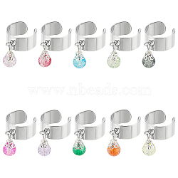 304 Stainless Steel Open Cuff Rings, with Crackle Glass Pendant, Teardrop, Mixed Color, 40mm, 10pcs/set(RJEW-UN00029)