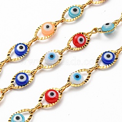 304 Stainless Steel Link Chains, with Evil Eye Acrylic Bead, Soldered, with Spool, Real 18K Gold Plated, Mixed Color, Eye: 10.5x6x3mm, Link: 6x2x1mm, 10m/roll(CHS-C009-04A-G)