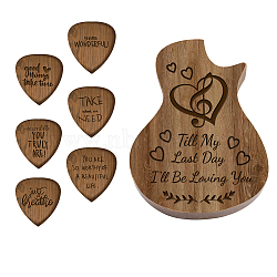 Guitar Shaped Wooden Guitar Picks Box, with 6 Pcs Traingle Wood Guitar Picks, Heart Pattern, 32x27x2.5mm, 6pcs/set(WOOD-WH0116-002)