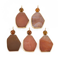 Natural Agate Big Pendants, with Light Gold Plated Brass Loops, Dyed & Heated, Polygon, Chocolate, 56~58x32x6~7mm, Hole: 3.5~4.5mm(G-N326-114)