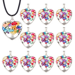 AHADERMAKER 10Pcs Alloy Pendants, with Synthetic Shell Dyed Chip Beads and Iron Snap On Bails, Platinum, Heart with Tree Charm, Platinum, Colorful, 34.5x31x5~10mm, Hole: 3x7.5mm(SHEL-GA0001-14)