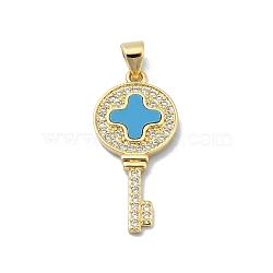 Brass Micro Pave Clear Cubic Zirconia Pendants, with Synthetic Blue Turquoise, Real 18K Gold Plated, Key, 28.5x13.5x2.5mm, Hole: 4x3.5mm(KK-A221-03C-G)