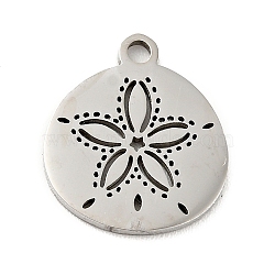 Non-Tarnish 201 Stainless Steel Pendants, Flat Round with Flower, Stainless Steel Color, 13.5x12x1mm, Hole: 1.4mm(X-STAS-E015-04P)