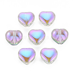 Electroplate Transparent Glass Beads, Half Plated, Heart, Plum, 9.5x10.5x5.5mm, Hole: 1mm(GLAA-T022-17A-B01)