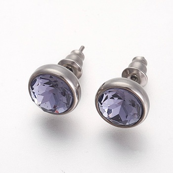 304 Stainless Steel Stud Earrings, with Rhinestone, Flat Round, Violet, 10x6mm, Pin: 0.9mm
