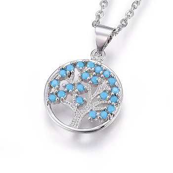304 Stainless Steel Pendant Necklaces, with Cubic Zirconia, Flat Round with Tree of Life, Deep Sky Blue, Stainless Steel Color, 17.71 inch(45cm)