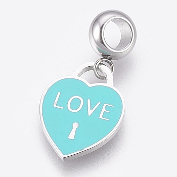 304 Stainless Steel European Dangle Charms, Large Hole Pendants, with Enamel, Heart Lock with Word Love, For Valentine's Day, Stainless Steel Color, Cyan, 27mm, Hole: 4mm, Pendant: 17.5x13x1mm