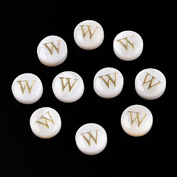 Natural Freshwater Shell Beads, with Golden Plated Brass Etched Metal Embellishments, Flat Round with Letter, Letter W, 7.5~8x4~5mm, Hole: 0.8mm