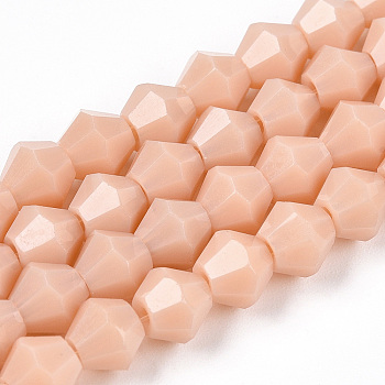 Opaque Solid Color Imitation Jade Glass Beads Strands, Faceted, Bicone, PeachPuff, 6x6mm, Hole: 1mm, about 45~47pcs/strand, 9.65~9.84 inch(24.5~25cm)