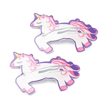 Baking Painted Iron Snap Hair Clips, for Children's Day, Unicorn, White, 36.5x50x3mm