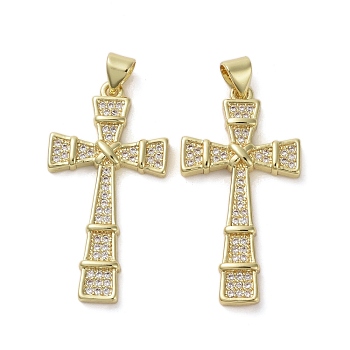 Brass Micro Pave Clear Cubic Zirconia Pendants, Cross, Real 16K Gold Plated, 33.5x17x3mm, Hole: 4x3.5mm