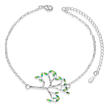 SHEGRACE Brass Link Anklets, with Epoxy Resin and Cable Chains, Tree, Platinum, Yellow Green, 8-1/4 inch(21cm)