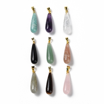 Natural Mixed StoneTeardrop Pendants, with Ion Plating(IP) Golden Plated Brass Findings, 26.5x7.5mm, Hole: 4.3x3.5mm